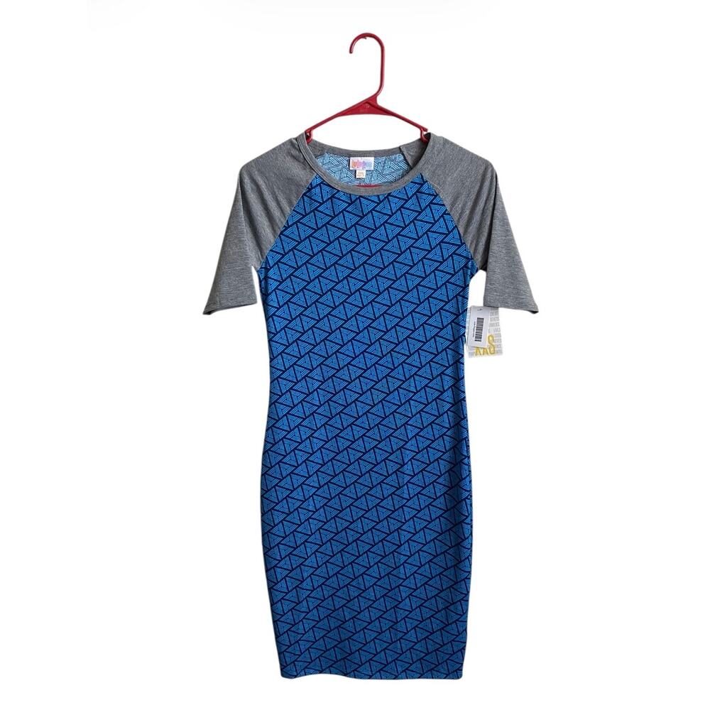 NWT Lularoe Blue Geometric Print w/ Gray Raglan Sleeves XXS Julia Pencil Dress